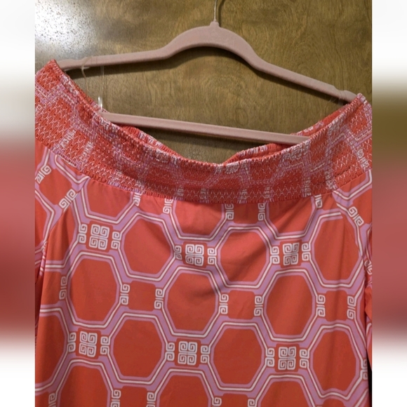 NWT Cabana Life Dress Sz L  Coral Geo Coverlex Smocked Off The Shoulder UPF 50+ - Picture 9 of 15
